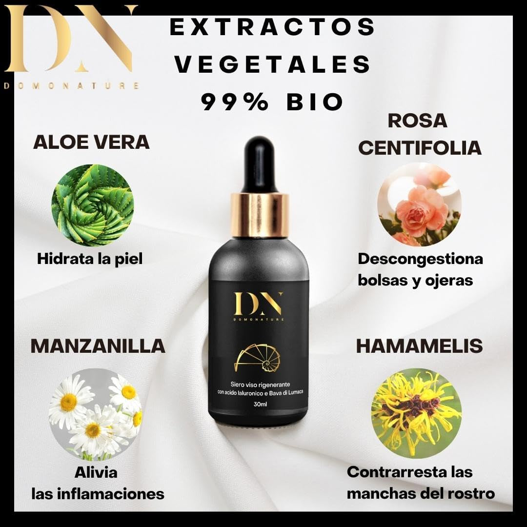 Serum Acido Hialuronico | Baba De Caracol Pura Facial | Con Vitamina C | Contorno De Ojos | Antiarrugas Muyer Y Hombre | Domonature 30Ml